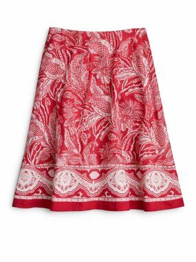 Talbots Red White Floral Midi Skirt Size 8 Cotton A-Line Border Print Coastal